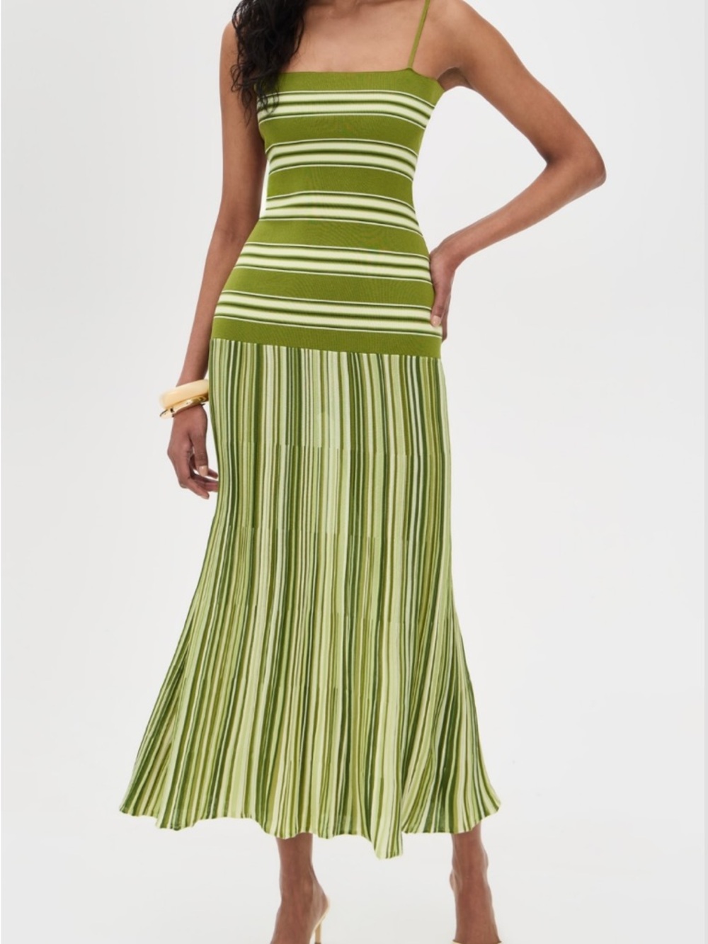 Faithfull the Brand Olive & Cream Striped Knit Midi Dress